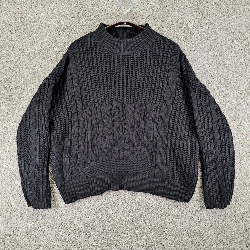 Time and‎ Tru Sweater Womens L (12x14) Black Cable Knit Mock Neck Pullover Cozy